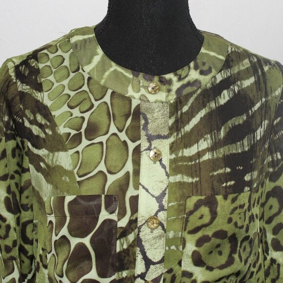 Susan Graver Olive Green Animal Print Blouse - Picture 2 of 8